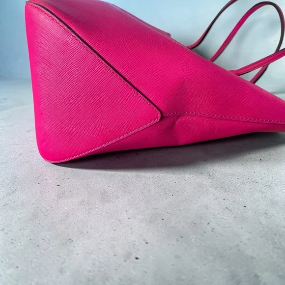 Henri Bendel Hot Pink Saffiano Leather Tote Bag Gold Hardware Large Shopper - Picture 15 of 16